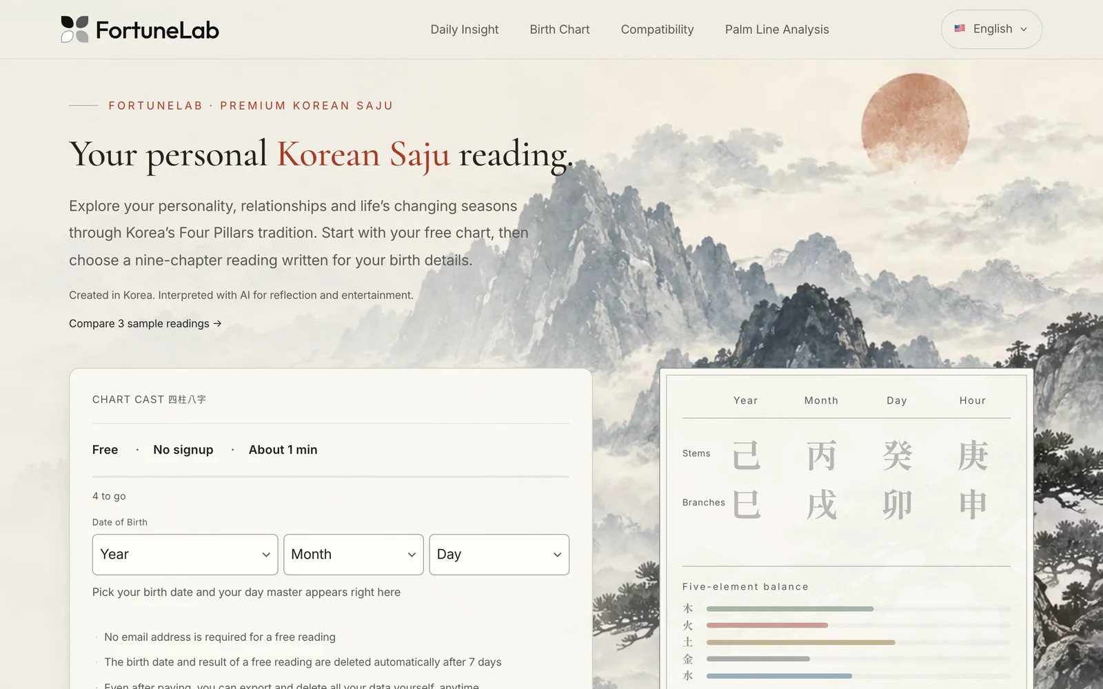 The English home page of FortuneLab: an ink-wash landscape behind the headline “Your personal Korean Saju reading.” and the top of the free chart form.